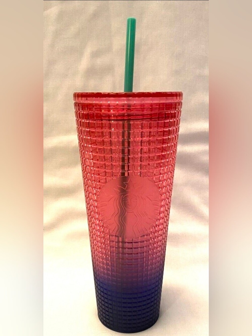 Starbucks Summer 2022 Watermelon Pink and Blue Grid Venti Tumbler.